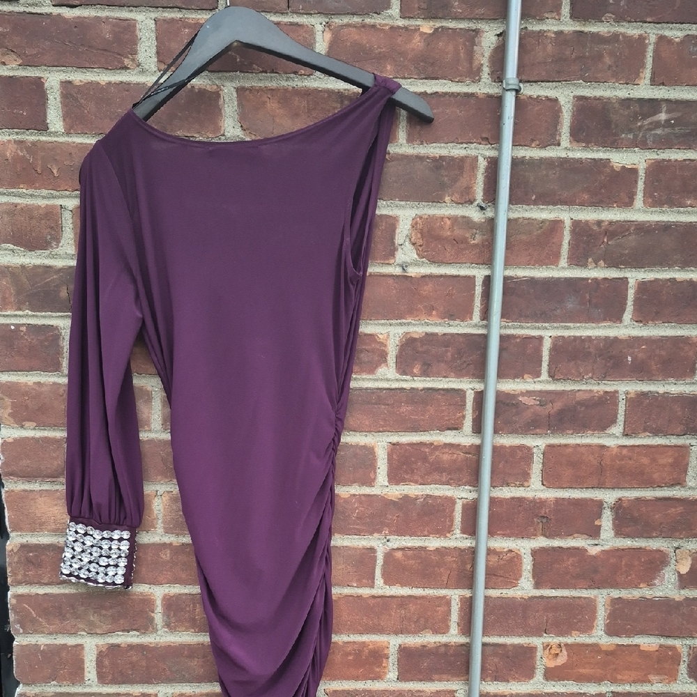 Symphony Purple One Shoulder Dress With Rhinestones. - Picture 3 of 6